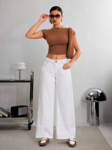 SHEIN Essnce 女式休闲撞色明线阔腿牛仔裤 - 白色 - 查看 3