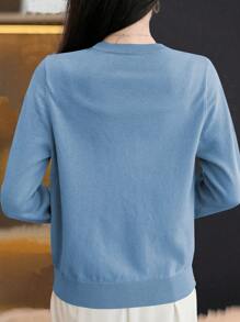 Chiquease 1 chiếc áo len cardigan trơn thường ngày cho nữ, đơn giản và thanh lịch, mùa thu/đông - Màu xanh lam - Xem 2