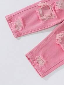 女童街头风格休闲做旧宽松舒适水洗浅蓝色阔腿牛仔裤 - 粉色 - 查看 4