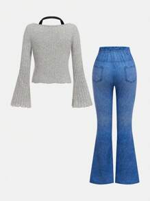 SHEIN 2pcs Tween Girl Knitted Halter Flare Sleeve Crop Top & Flare Hem Bowknot Pants Set, Fashion Fall/Winter Outfit - Multicolor - View 2