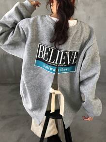 FRIFUL Women Slogan Print Drop Shoulder Long Sleeve Back Vent Hem Casual Pullover Sweatshirt, Autumn/Winter,Fall Women Clothes