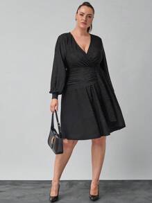 SHEIN Clasi 女式卢勒克斯长袖大码优雅派对连衣裙，秋冬款 - 黑色 - 查看 7