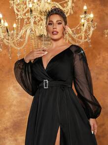 SHEIN Belle Plus Size Black Handmade Embroidered 3D Pearls Satin & Denim A-Line Slit Elegant Formal Evening Gown, Long Sleeve Prom Dress, For Wedding Guest, Graduation, Dinner