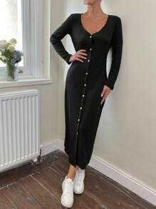 RueChic Gold Button Detailed V Neck Long Sleeve Bodycon Dress - Black - View 1