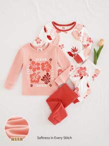 Cozy Pixies 4 件套男婴舒适睡衣套装，植物与花卉印花柔软针织短袖上衣和短裤 - 薑色 - 查看 1