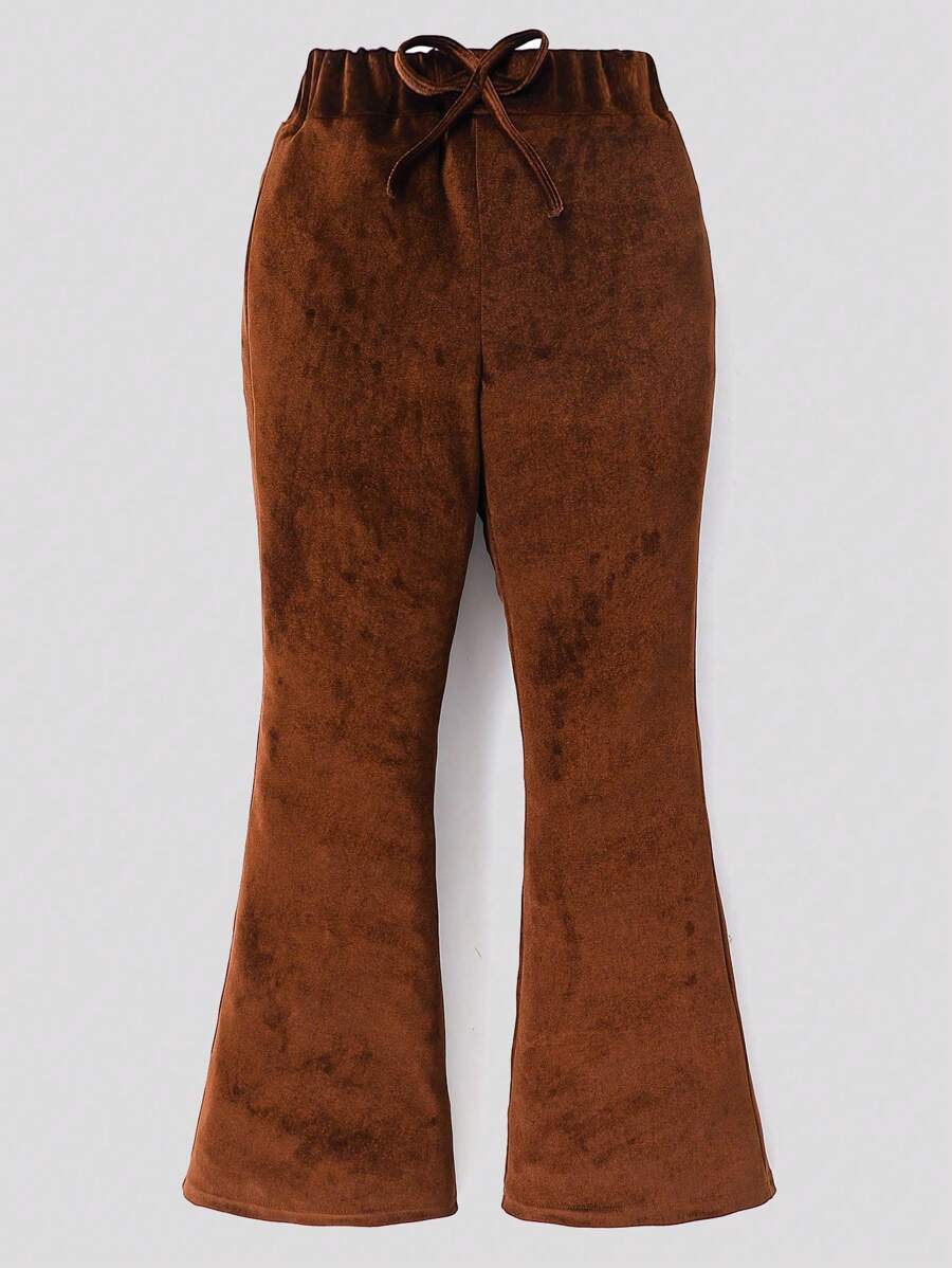 少女天鹅绒舒适喇叭紧身裤（咖啡色） - 咖啡棕 - 查看 1