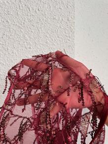 SHEIN Essnce Áo kiểu nữ cỡ lớn thời trang thường ngày đính sequin đỏ xuyên thấu, áo dự tiệc, áo dễ thương, trang phục dự tiệc độc thân, trang phục dự tiệc Giáng sinh, áo đỏ gợi cảm, áo thanh lịch. - Màu Đỏ Sâu - Xem 7