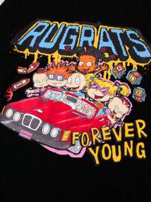 Nick 90s | SHEIN Vestido de estilo fresco con mangas raglán y patrón de carreras de Chuckie Finster, Angelica Pickles, Pickles y Susie Carmichael en colores negro y gris, ideal para otoño e invierno - Negro - Ver 2