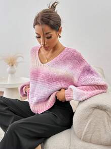 Chiquease Sweter damski z dekoltem w serek ombre, długimi rękawami i opadającymi ramionami, luźny, na jesień/zimę, dzianinowy - Różowy - Zobacz 4