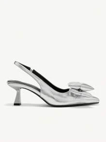 CUCCOO CHICEST Scarpe con tacco basso a punta con fiocco argento e cinturino posteriore, adatte per casual, feste, vacanze, primavera, Easter, Prom, Natale