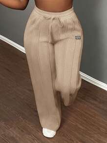 Slaydiva Pantalones rectos de color liso con cordón en la cintura, informales - Caqui - Ver 7