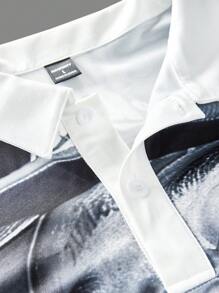 Manfinity VCAY Men's Digital Print Loose Knit Polo Shirt - Black and White - View 4