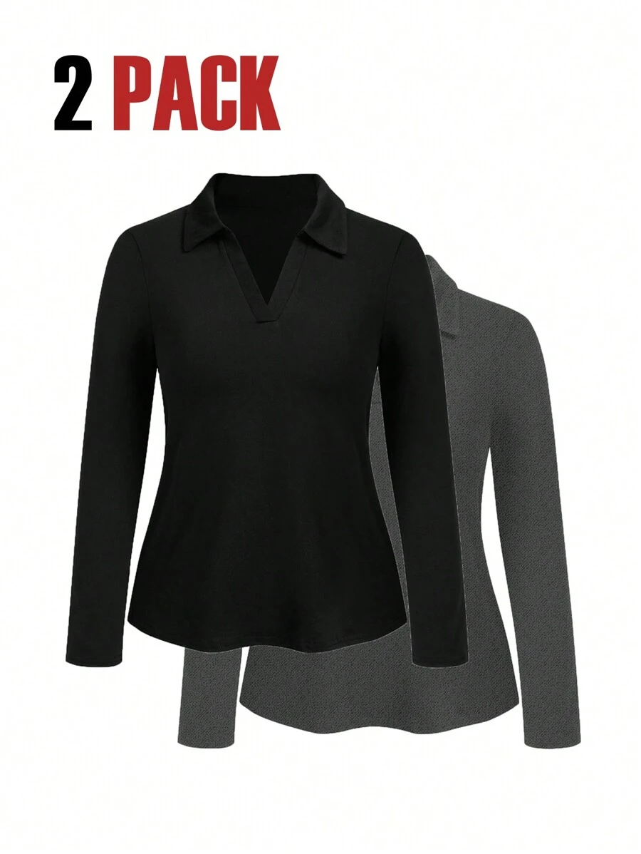 Calvaya 2pcs/Set Plus Size Casual Solid Color Long Sleeve T-Shirt Fall Cloth For Women - Multicolor - View 1