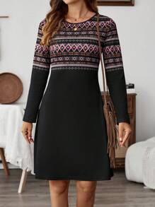 EMERY ROSE 女士休闲长袖拼布几何印花连衣裙，适合秋季 - 黑色 - 查看 6