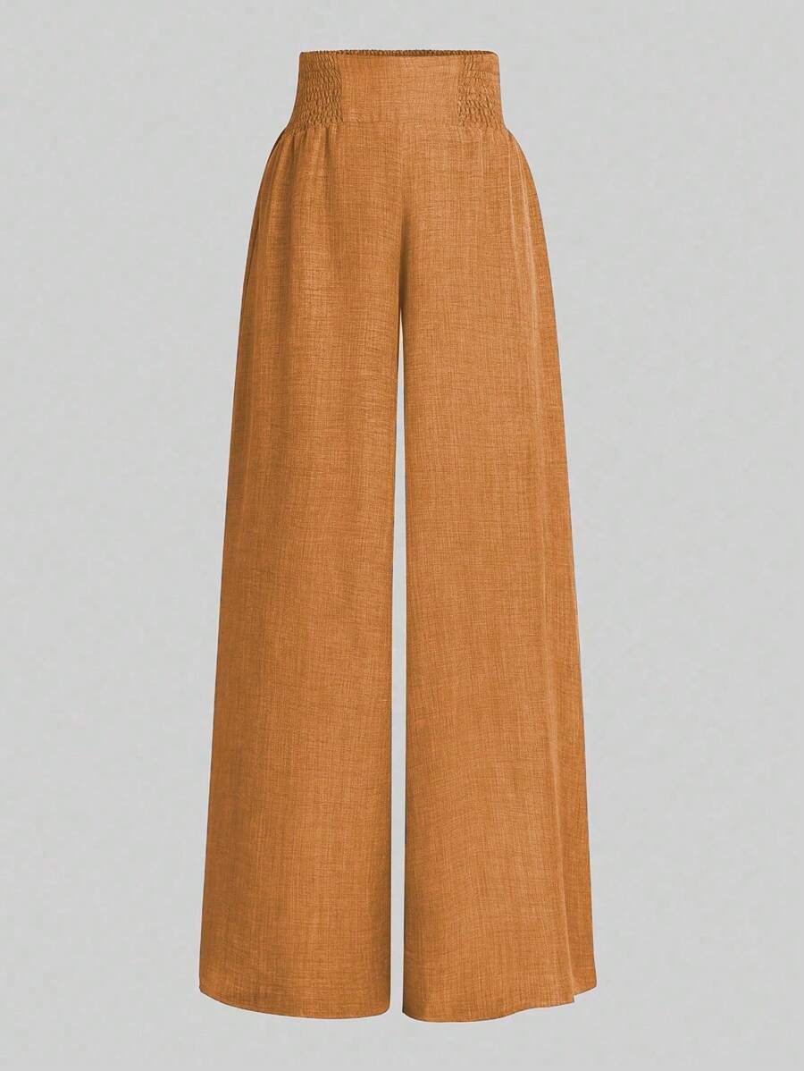 SHEIN LUNE Elastic Waist Wide Leg Pants For Casual Wear - Orange - View 1
