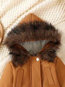 Babyjongen Winter Thermische Gevoerde Capuchon Ritsjack Met Pluizige Kraag En Zakken, Warm En Modieus
