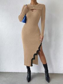 Calvaya Vestido elegante de mujer con bloques de color, cuello redondo, manga larga, costados con abertura y bajo con abertura