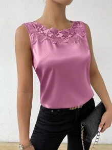 EMERY ROSE 女式无袖衬衫，配缎面拼布和蕾丝花边，无袖上衣 - 粉色 - 查看 5