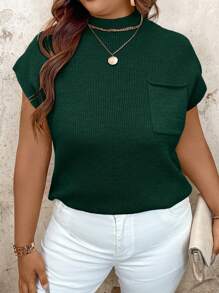 SHEIN LUNE 大码休闲蝙蝠袖口袋针织上衣，适合夏秋季节 - 墨綠色 - 查看 5