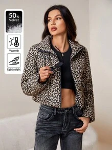 SHEIN Tall Women's Leopard Print Cropped Down& Feathers Jacket - Brown - View 1