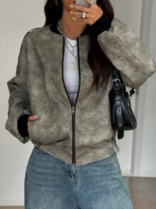 SHEIN EZwear Chaqueta regular de mujer con cuello de béisbol, mangas largas de hombros caídos y efecto desgastado en PU para otoño - Gris - Ver 4