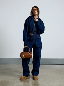 AiiRZ 连帽牛仔拉链短款夹克实用风格工作服时尚飞行员夹克冬季秋季春季 Y2K 街头风格结构化日常休闲 - 寶藍色 - 查看 4