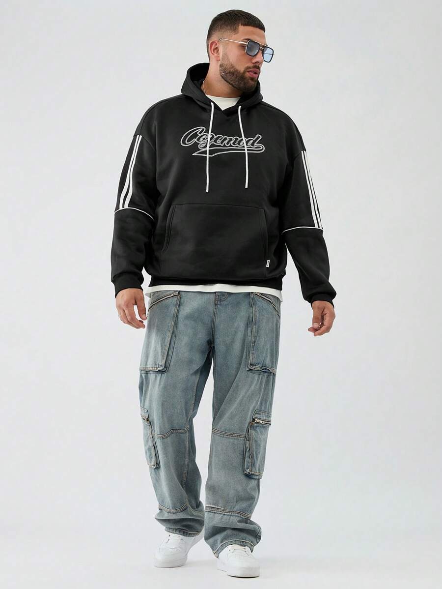 Manfinity VCAY 男士加大码宽松口袋字母印花连帽休闲运动衫外出黑色字母长袖连帽衫，适合朋友、丈夫、男朋友的礼物，适合秋冬 - 黑色 - 查看 1