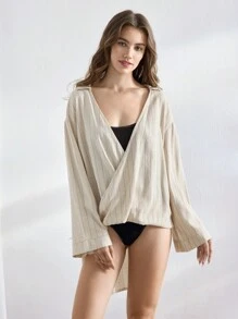 Ocili 女士条纹落肩长袖宽松裹身上衣家居服 - 卡其色 - 查看 5