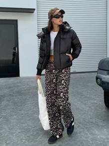 EURMUSE Zip Up Bright Hooded Slant Puffer Padded Coat - Black - View 7