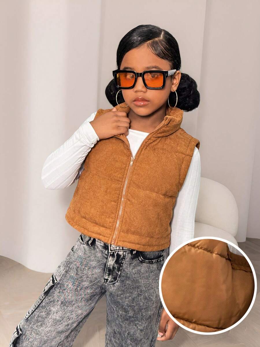 SHEIN Tween 女童纯色立领无袖加垫背心,适合秋冬季休闲穿着 - 棕色 - 查看 1