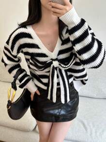 SHEIN Unity Women's Casual Colorblock Striped Bow Decor Sweater, Autumn/Winter