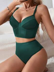 SHEIN 女士简约纯色人字形加固文胸和内裤套装 - 綠色 - 查看 4