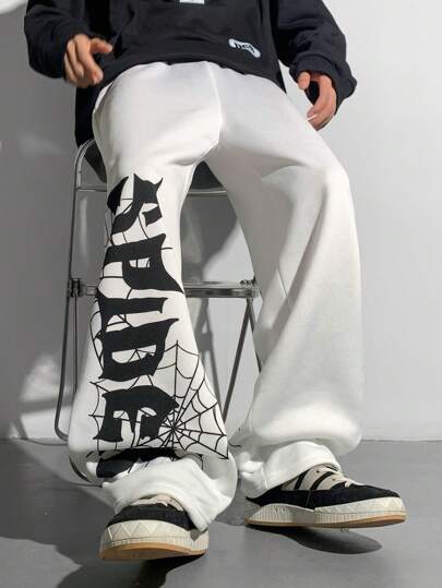 SHEIN 青少年男孩休闲摇滚朋克街头嘻哈蜘蛛网和英文图案印花宽松白色运动裤，适合秋冬季、情人节、万圣节