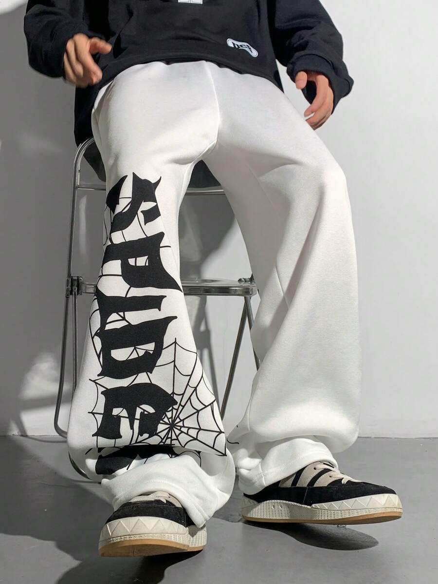 SHEIN 青少年男孩休闲摇滚朋克街头嘻哈蜘蛛网和英文图案印花宽松白色运动裤，适合秋冬季、情人节、万圣节