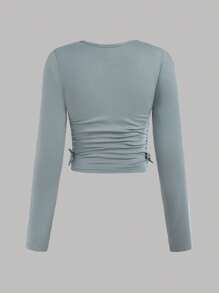 SHEIN 2pcs/Set Teen Girl Solid Color Crewneck Ruched Casual Long Sleeve T-Shirt - White - View 8