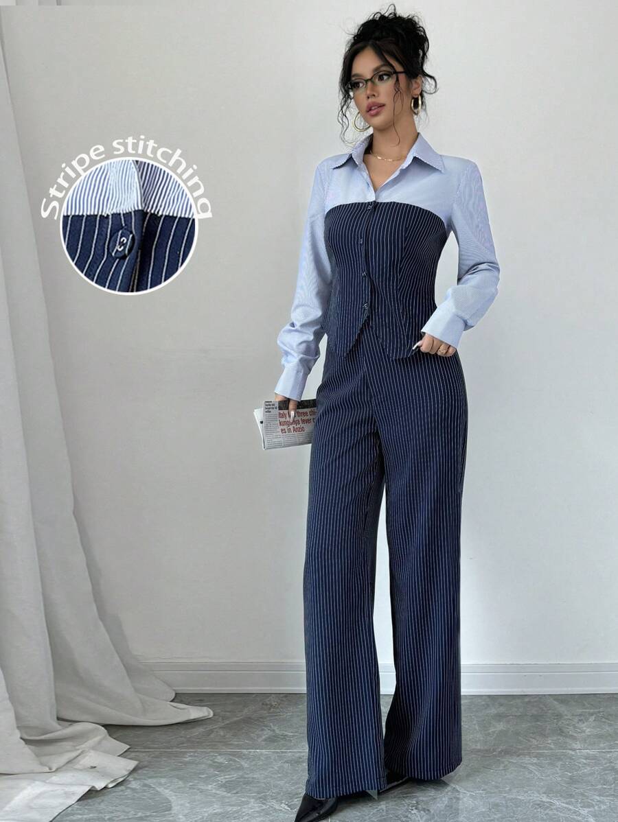 Modelyn 2 件套女士休闲撞色条纹印花修身衬衫和宽松阔腿裤套装,春秋两件套 - 藏蓝色 - 查看 1