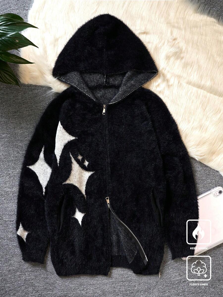 Manfinity Hypemode Men's Casual Star Pattern Fleece Hooded Cardigan, Autumn/Winter - Multicolor - View 1
