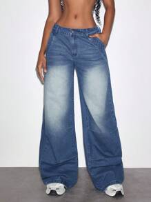 Women's Loose Fit Casual Wide Leg Jeans With Pocket - Medium Wash - View 1
