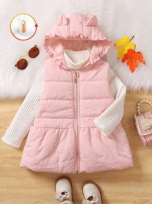 SHEIN Áo khoác vest có đệm cho cô gái trẻ có mũ trùm tai 3D, mặt hàng này có lớp lót bông 1600, thiết kế ấm áp và ấm cúng, mũ trùm tai 3D đáng yêu, thích hợp để mặc hàng ngày, hàng mới về mùa đông - Hồng - Xem 1