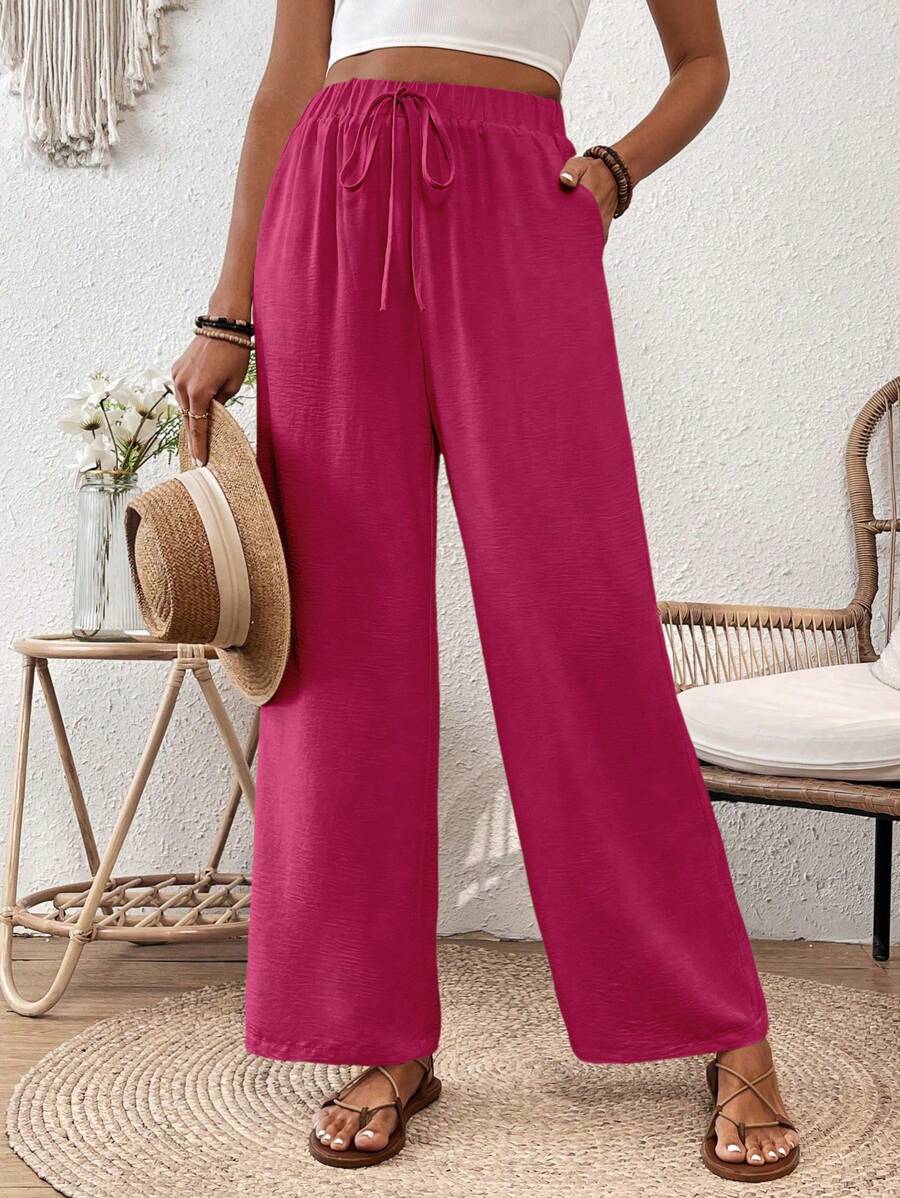 Chiquease Quần dài suông thẳng, có dây rút, họa tiết nhăn thời trang xuân/hè - Màu Hồng Tươi - Xem 1