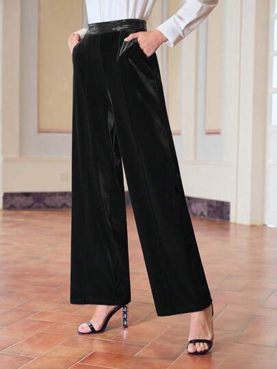 ZEYLAH Pantalones de pierna ancha con bolsillo sesgado, cintura con lentejuelas de terciopelo