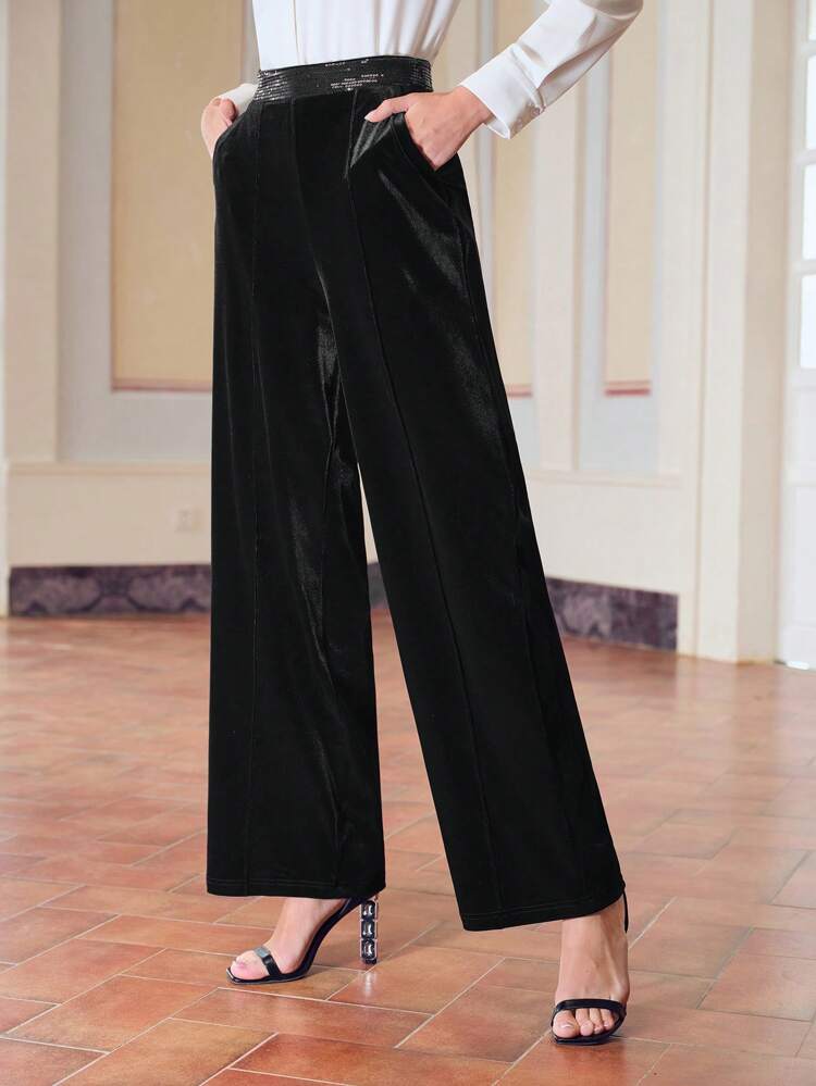 ZEYLAH VELVET SEQUINS WAIST SLANT POCKET WIDE LEG PANTS