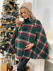 SHEIN Plaid Pattern Collar Maternity Long Sleeve Jacket & Windbreaker With Horn Buttons, Poncho For Winter - Green - View 8