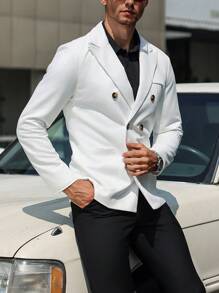 Manfinity Bizformal Áo khoác vest nam tay dài màu trơn hai hàng khuy công sở - trắng - Xem 3