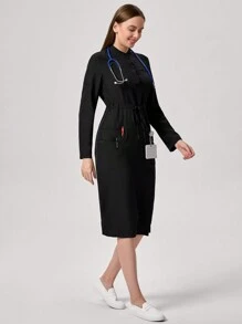 TaskEZ Black Partial Button Down Cinched Waist Multiple Pocket Decor Nurse Dress