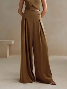 Anewsta 女士卡其色宽腿宽松休闲裤 - 卡其色 - 查看 1