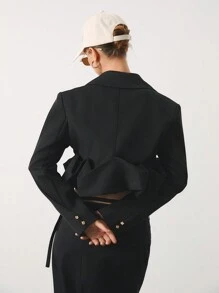 SHEIN Unity 女式纯色缺口领长袖短款休闲工作夹克，秋季 - 黑色 - 查看 2
