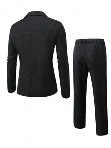 Manfinity Mode 大码男士纯色翻领长袖单排扣西装外套和裤子套装，秋季商务休闲装 - 黑色 - 查看 2