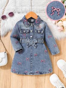 Baby Girl Cute Casual Lovely Pink Bow Knot Embroidered Denim Shirt Dress With Belt - Medium Wash - View 1