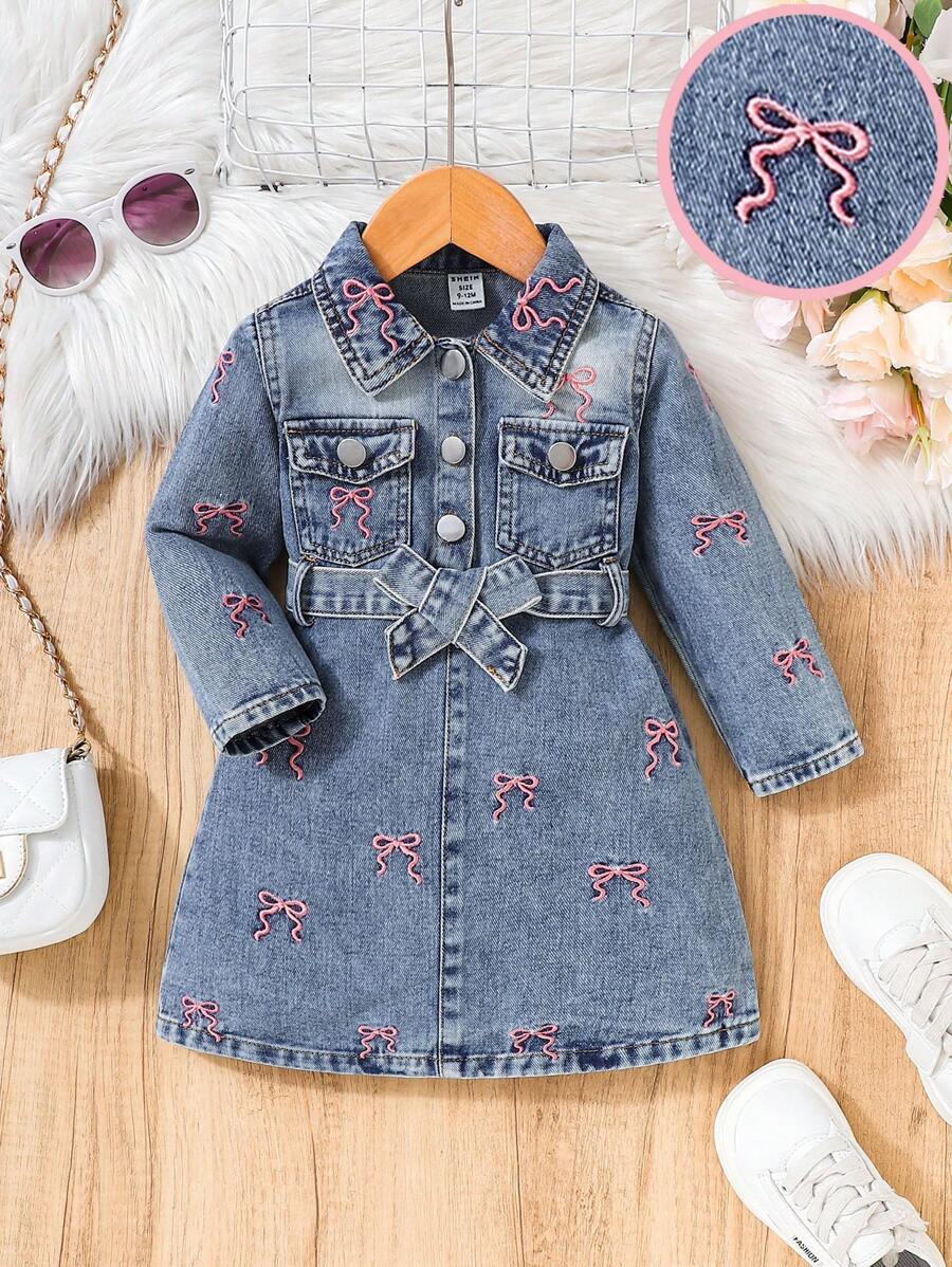 Baby Girl Cute Casual Lovely Pink Bow Knot Embroidered Denim Shirt Dress With Belt - Medium Wash - View 1
